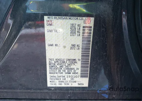 2017 Nissan Altima 2.5 Sv z USA, uszkodzony, nr VIN 1N4AL3AP3HC193107